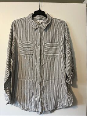 Women’s Grey and White Vertical Stripe Button-Down Shirt